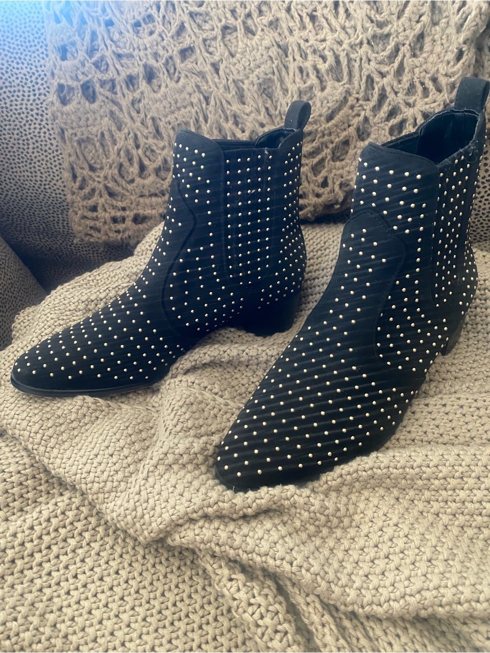 BCBG Generation black suede gold stud booties 8.5 NEW